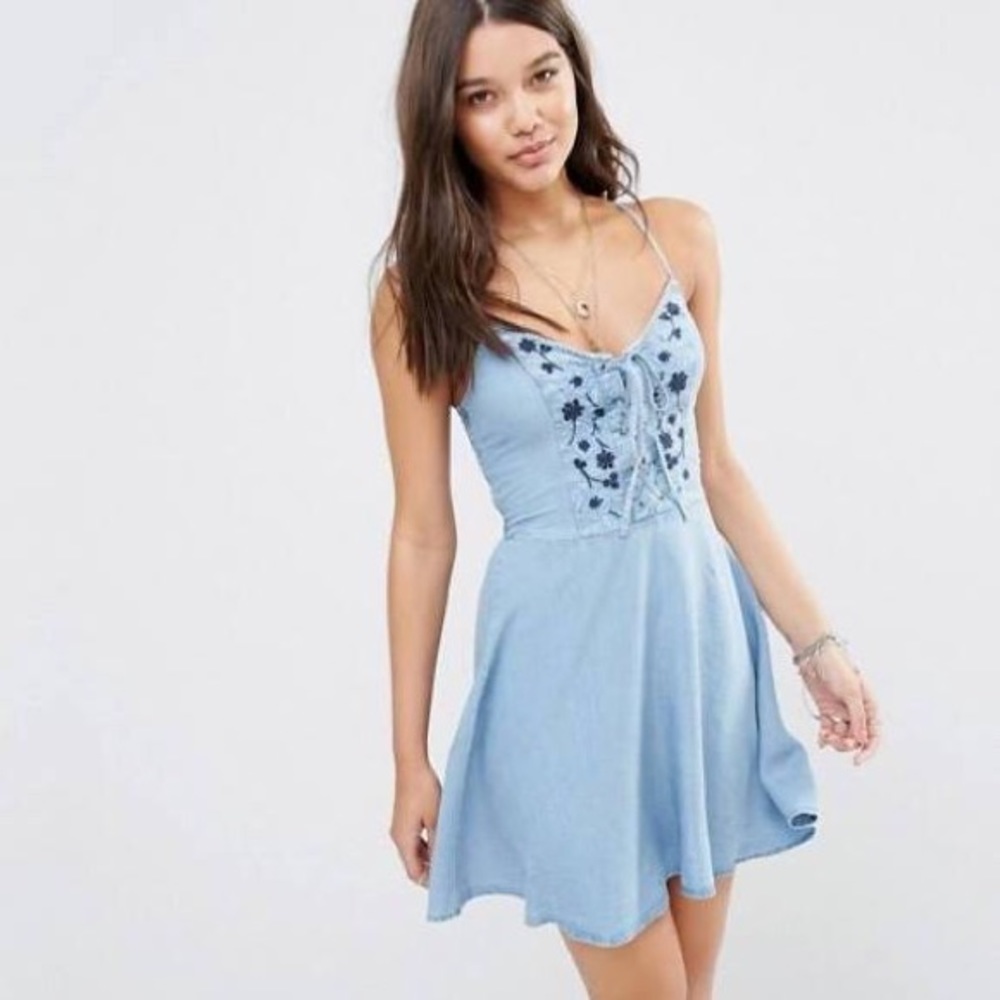 Abercrombie & Fitch Light Blue Embroidered Mini Dress